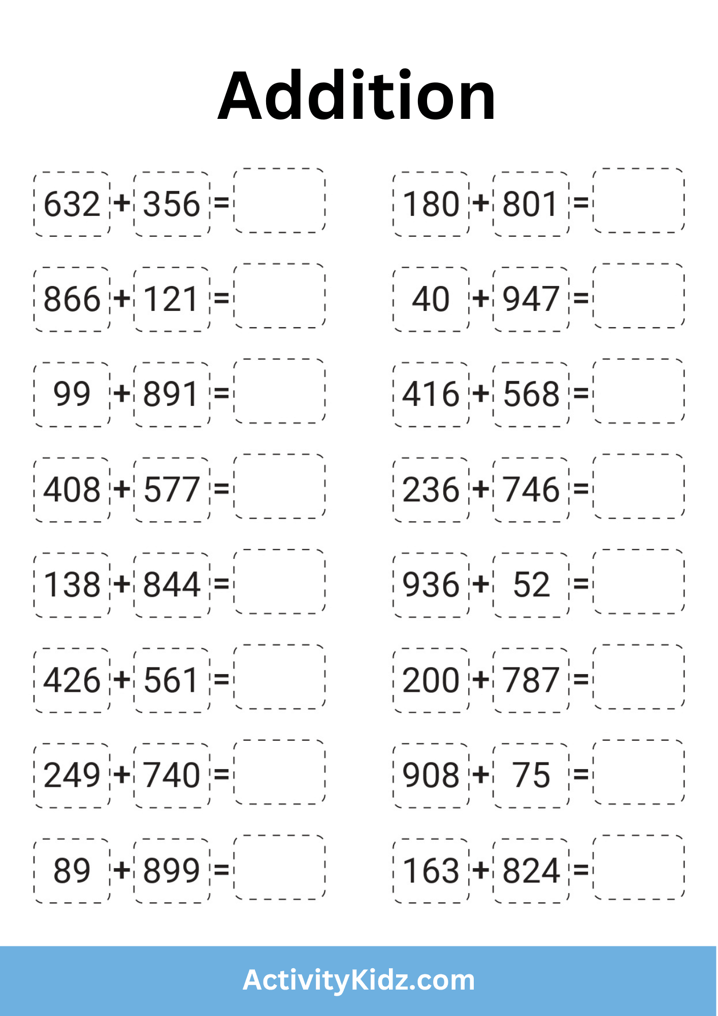 Addition Practice Worksheet 1 - ActivityKidz