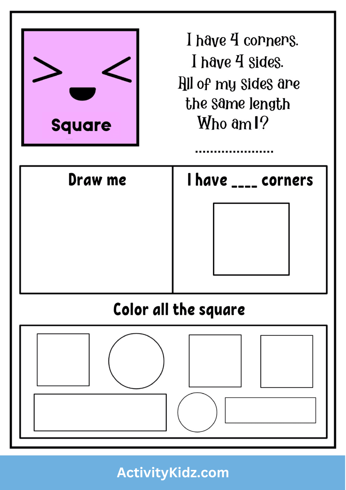 Square Identification and Drawing Activity Worksheet - ActivityKidz