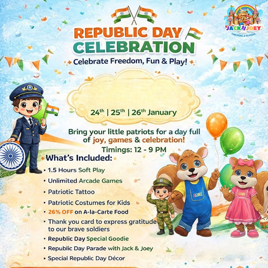 Advertisement for Republic Day celebration with cartoon characters and event details.