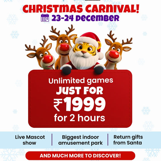 Advertisement for a Christmas Carnival event with Santa Claus and reindeer, featuring promotional text about game offers.