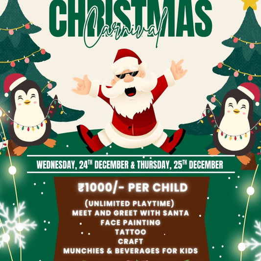 Christmas carnival flyer with Santa Claus, penguins, and Christmas trees on a green background.