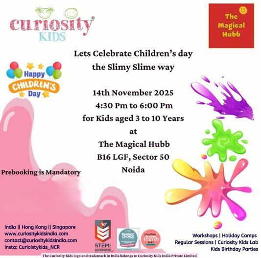 Advertisement for a Children's Day event at The Magical Hubb with colorful slime graphics.