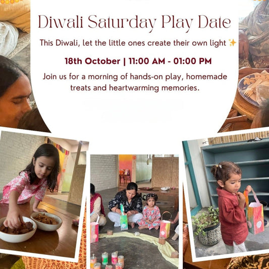 Promotional flyer for Diwali Saturday Play Date event with children playing and text details.