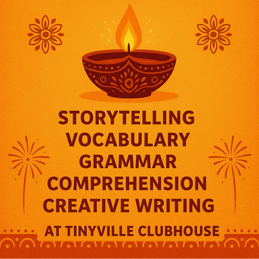 Promotional poster for a Diwali event at Tinyville Clubhouse with text and decorative elements on an orange background.
