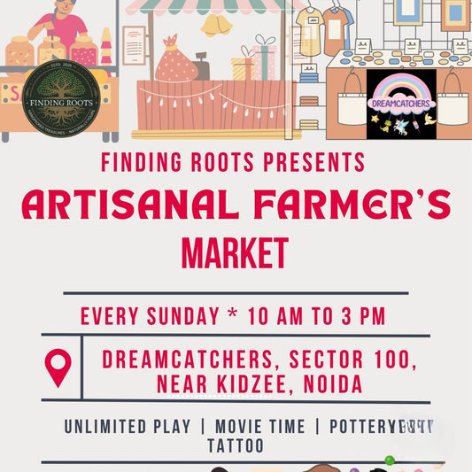 Advertisement for Artisanal Farmer's Market event with colorful illustrations and text.