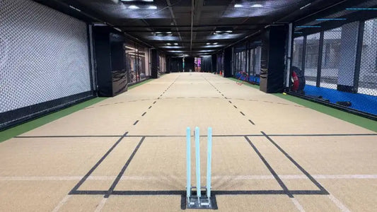 Indoor cricket pitch with wickets and netting.