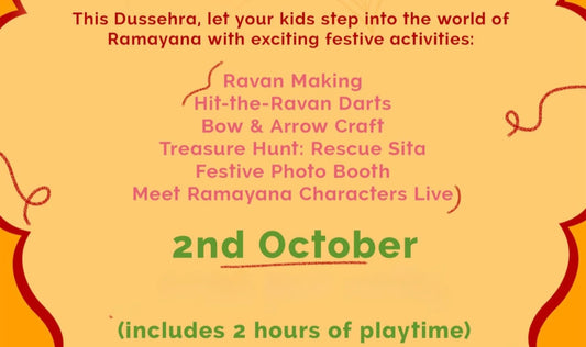 Promotional flyer for Mini Dusshera Mela event at Giggles N Joy with festive design elements.