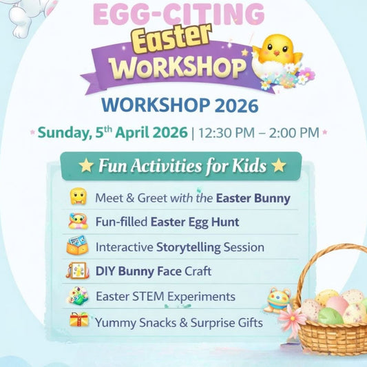 Advertisement for an Easter workshop with activities and details on a light blue background.
