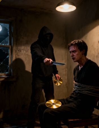 A hooded figure holds a knife to a young man tied to a chair, with CDs on his lap and in the air.