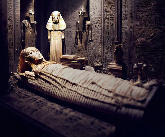 A mummy lies in a sarcophagus in a dimly lit Egyptian tomb with hieroglyph-covered walls and statues.