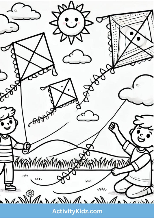 Festive Kite Flying - Makar Sankranti Coloring Worksheet - ActivityKidz