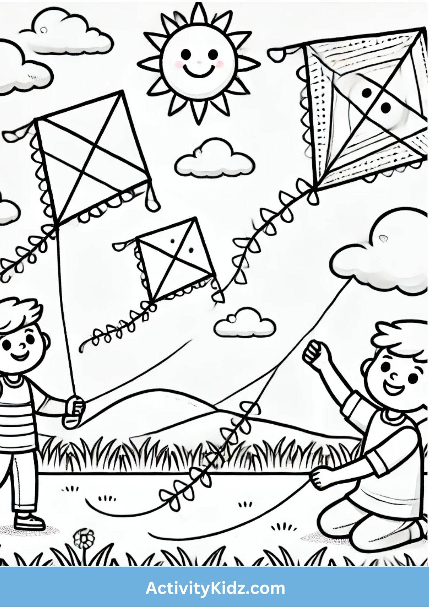 Festive Kite Flying - Makar Sankranti Coloring Worksheet - ActivityKidz