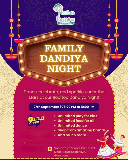 Colorful poster for Family Dandiya Night event at The Fun Burrow featuring traditional lamps and dancers in festive attire