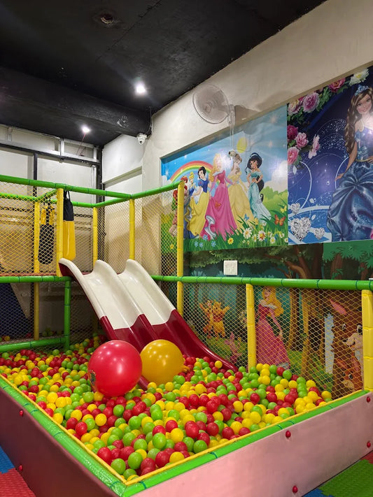 A colorful ball pit with slides and princess murals, designed for young children.