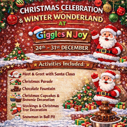 Promotional poster for Christmas celebration and winter wonderland event at Giggles N Joy with Santa Claus and festive decorations.
