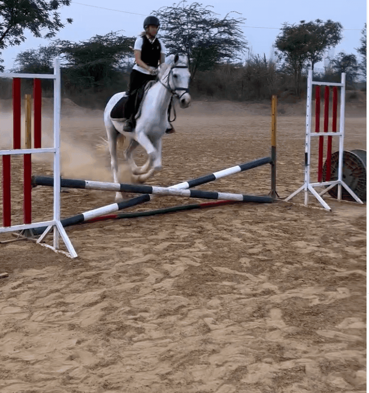 A young person on a white horse jumps over an obstacle in a sandy arena.