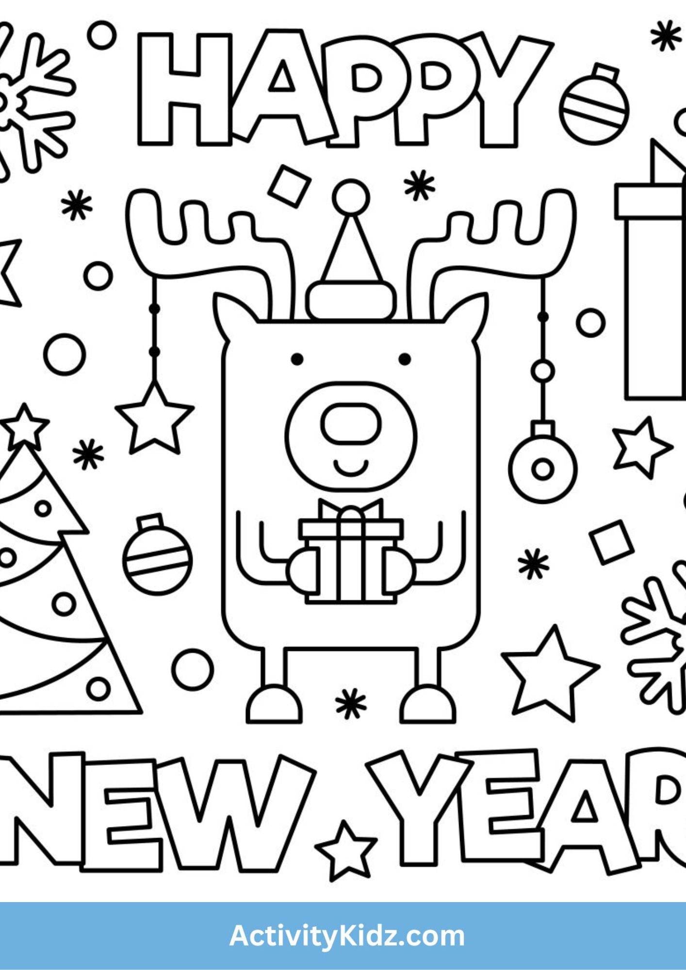 Happy New Year Reindeer Coloring Worksheet - ActivityKidz