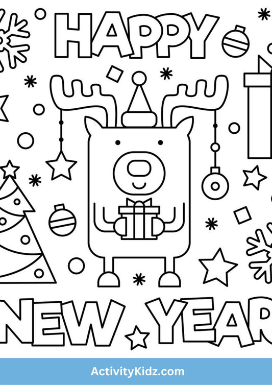 Happy New Year Reindeer Coloring Worksheet - ActivityKidz