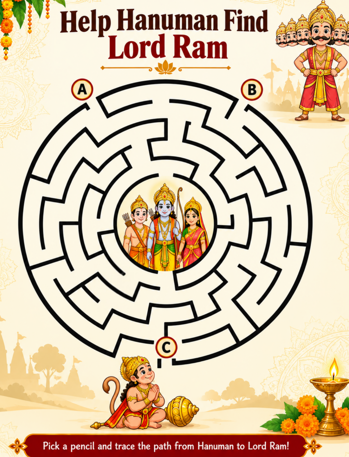 Help Hanuman Find Lord Ram - Dussehra Maze Worksheet