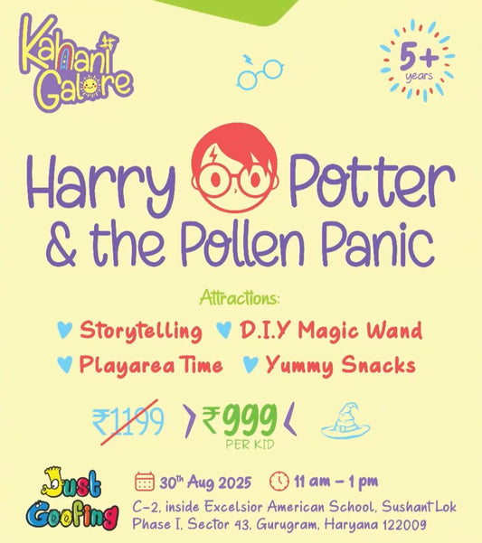 Promotional flyer for 'Harry Potter & the Pollen Panic' event with colorful text and graphics.