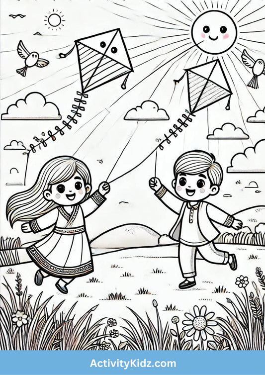 Kite Festival Bliss - Makar Sankranti Coloring Worksheet - ActivityKidz