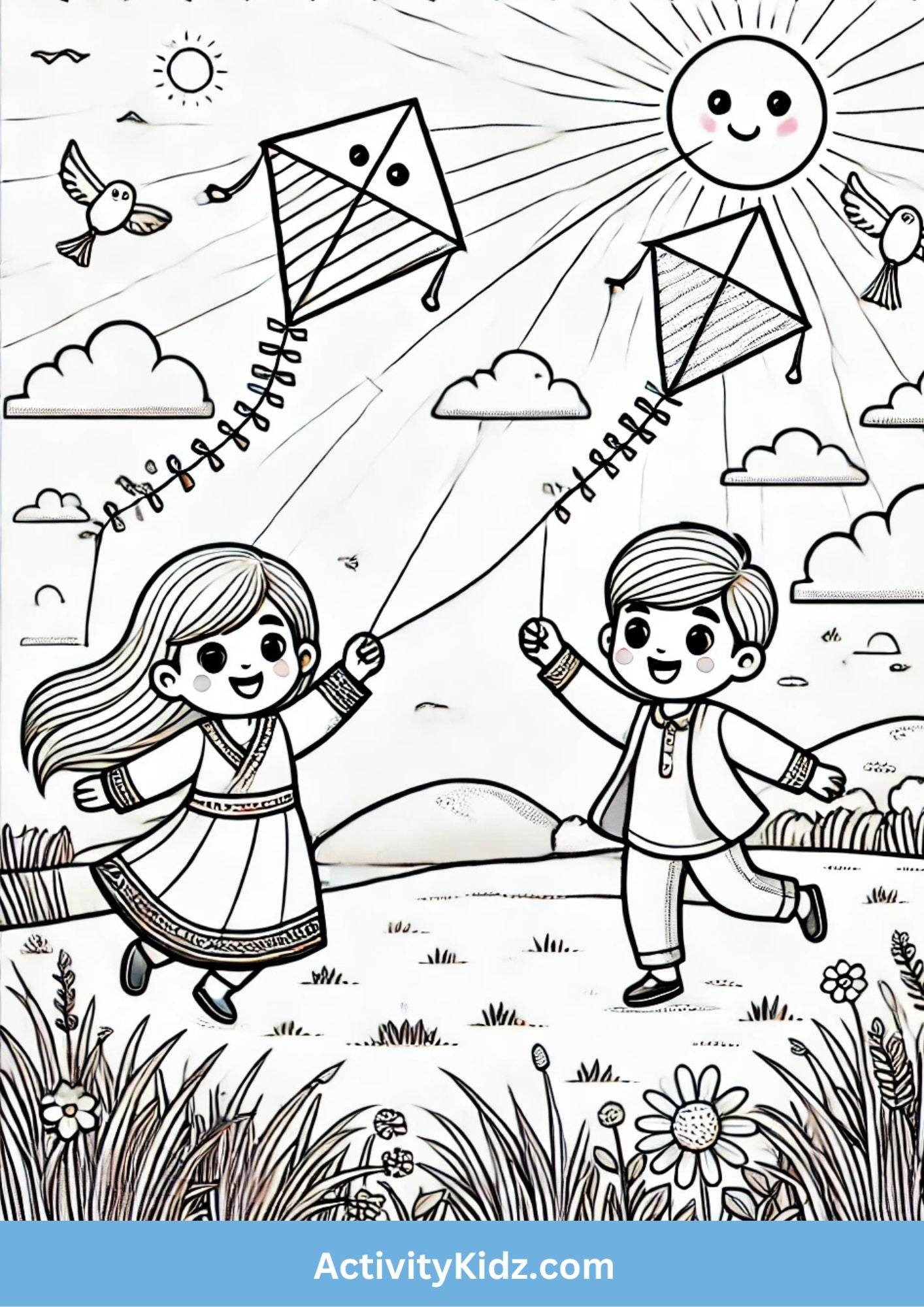 Kite Festival Bliss - Makar Sankranti Coloring Worksheet - ActivityKidz