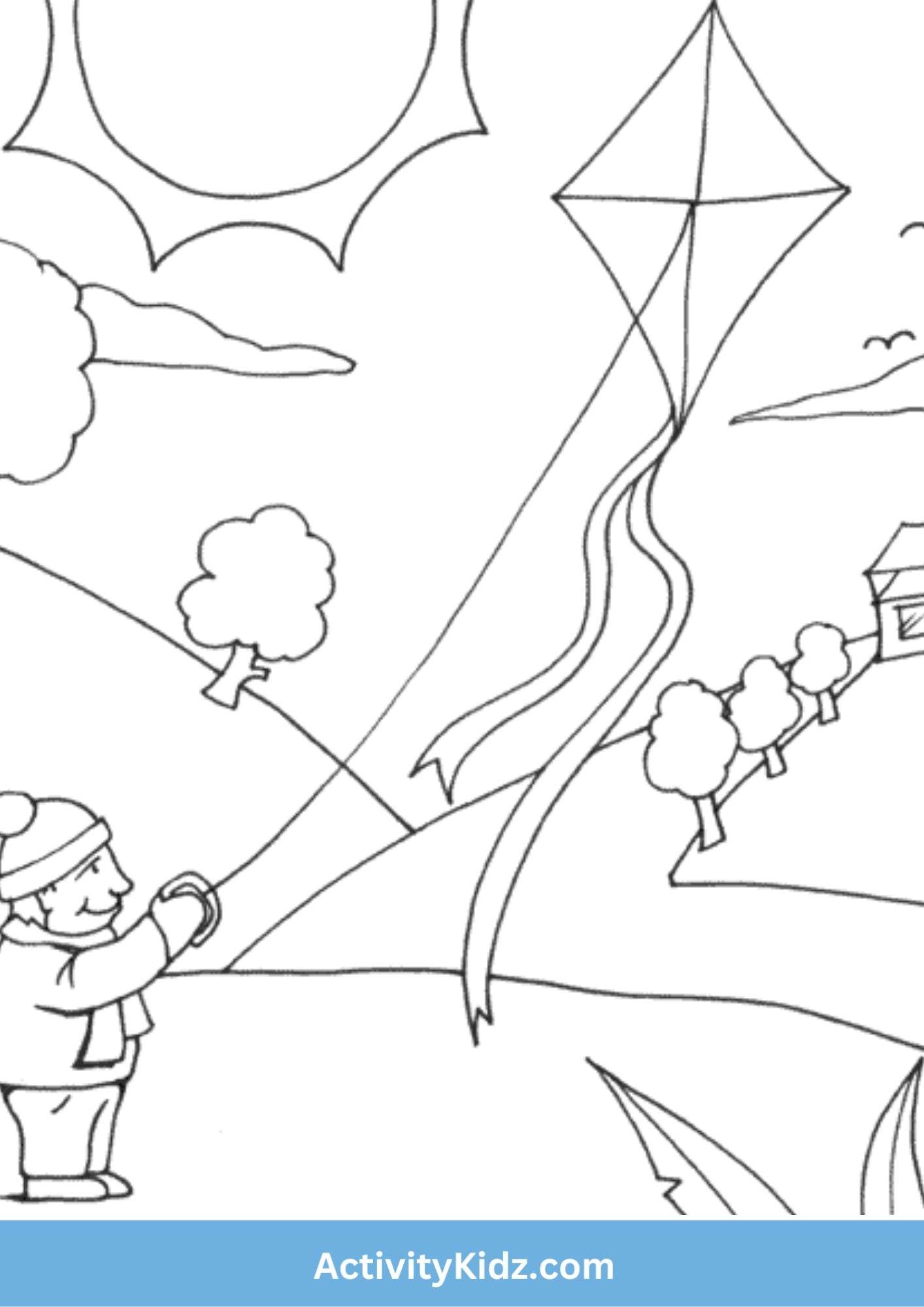 Kite Flying Fun - Makar Sankranti Coloring Worksheet - ActivityKidz