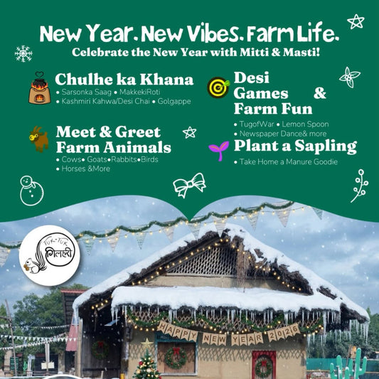 Promotional poster for a New Year event at a farm with activities and a snowy cabin.