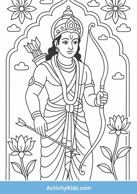 Ram Navami – Shri Ram with Bow and Arrow Coloring Page - ActivityKidz