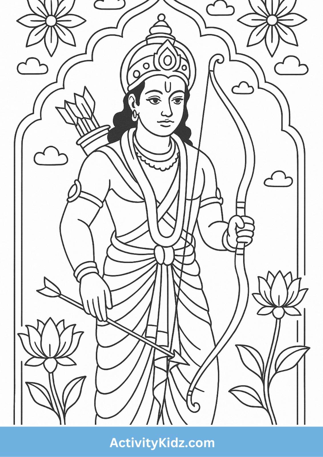 Ram Navami – Shri Ram with Bow and Arrow Coloring Page - ActivityKidz