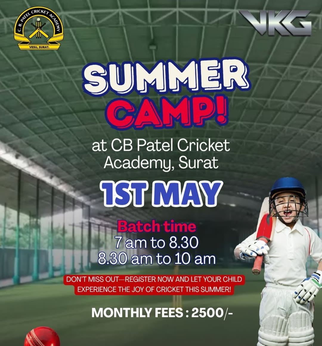 Summer Camp by CB Patel Cricket Academy (1 May Onwards) | Vesu Surat