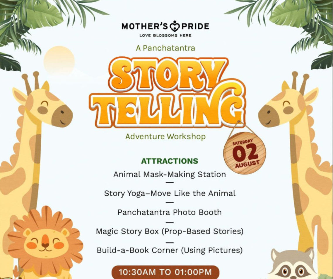 'Story Telling' workshop with cartoon animals and event details.