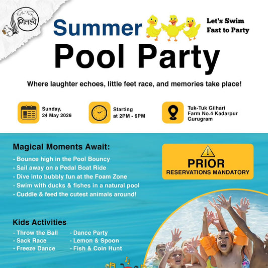 Advertisement for a summer pool party with children playing in a pool.