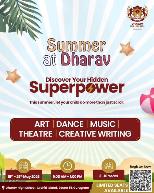 Summer camp at Dharav High School for children aged 3-10, featuring art, dance, music, theatre, and creative writing.