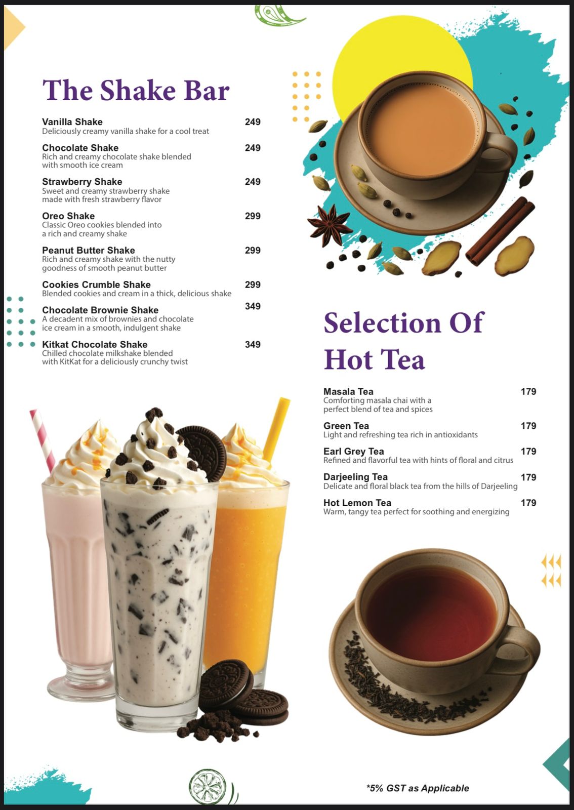 A menu for "The Shake Bar" and "Selection of Hot Tea" with images of milkshakes and tea.