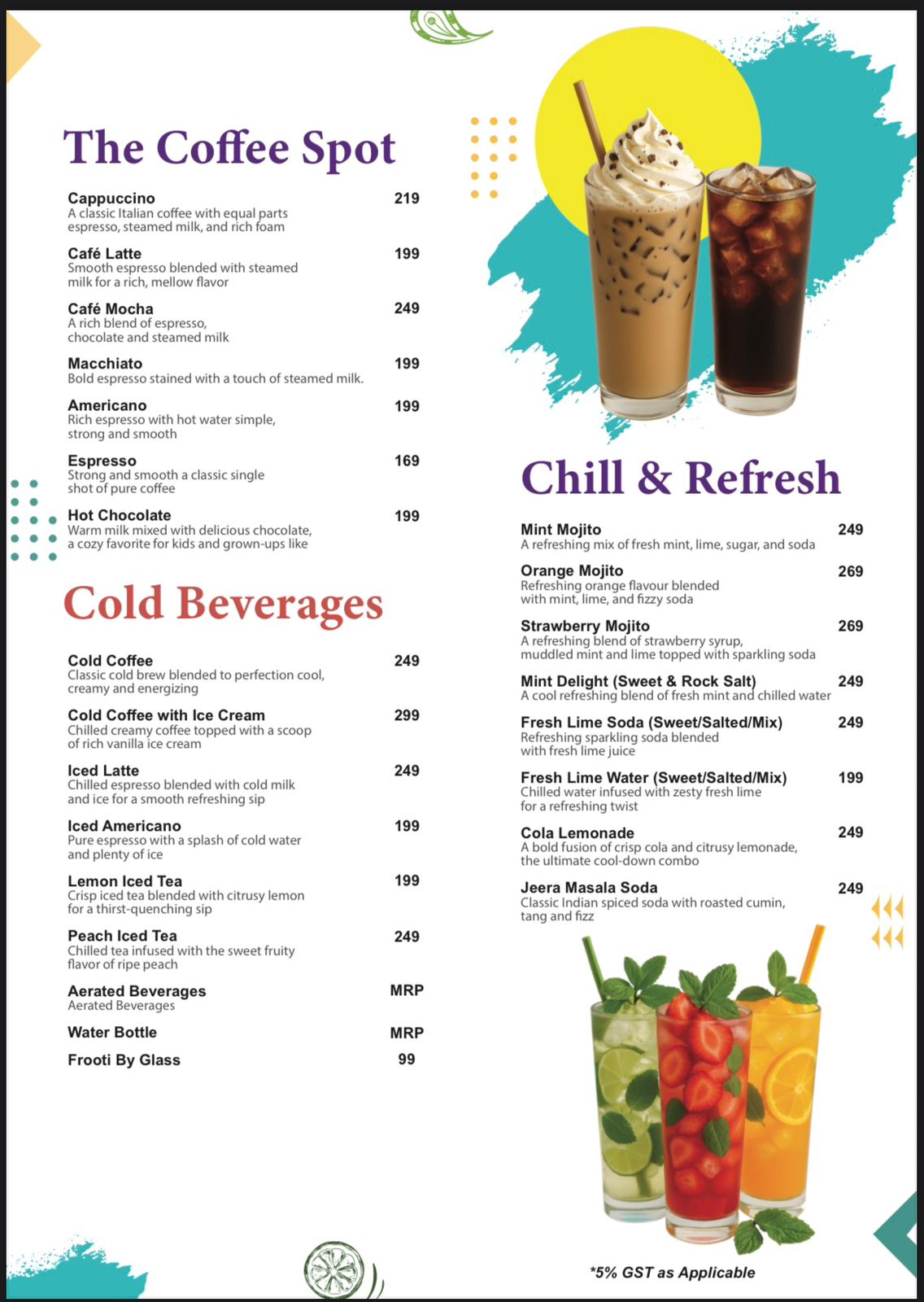 A menu for "The Coffee Spot" with coffee and cold beverages.