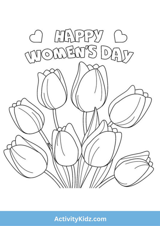 Happy Women's Day Tulip Coloring Worksheet - ActivityKidz