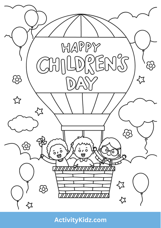 Children's Day Hot Air Balloon Coloring Page - ActivityKidz