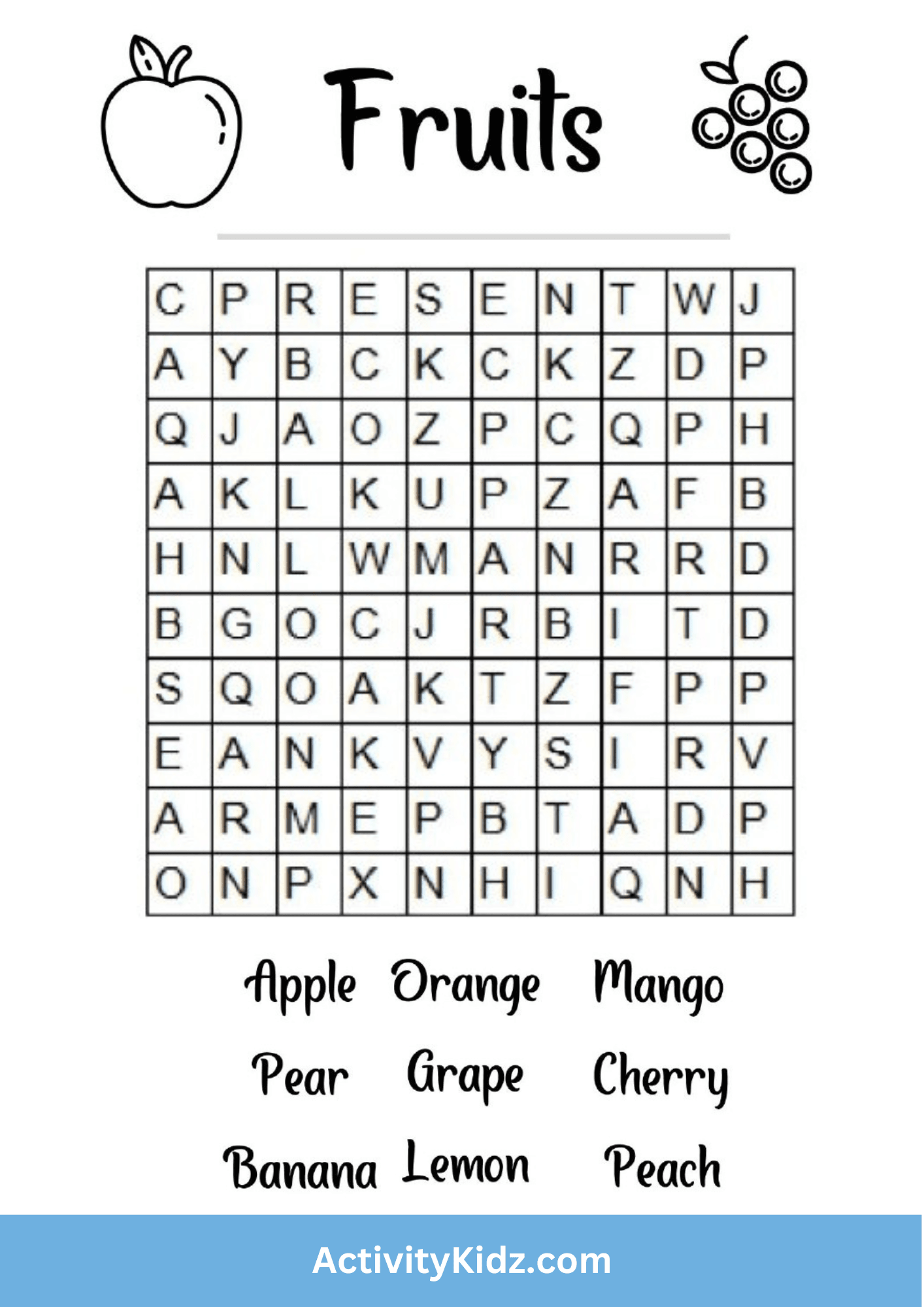 Fruits Word Search Puzzle - ActivityKidz