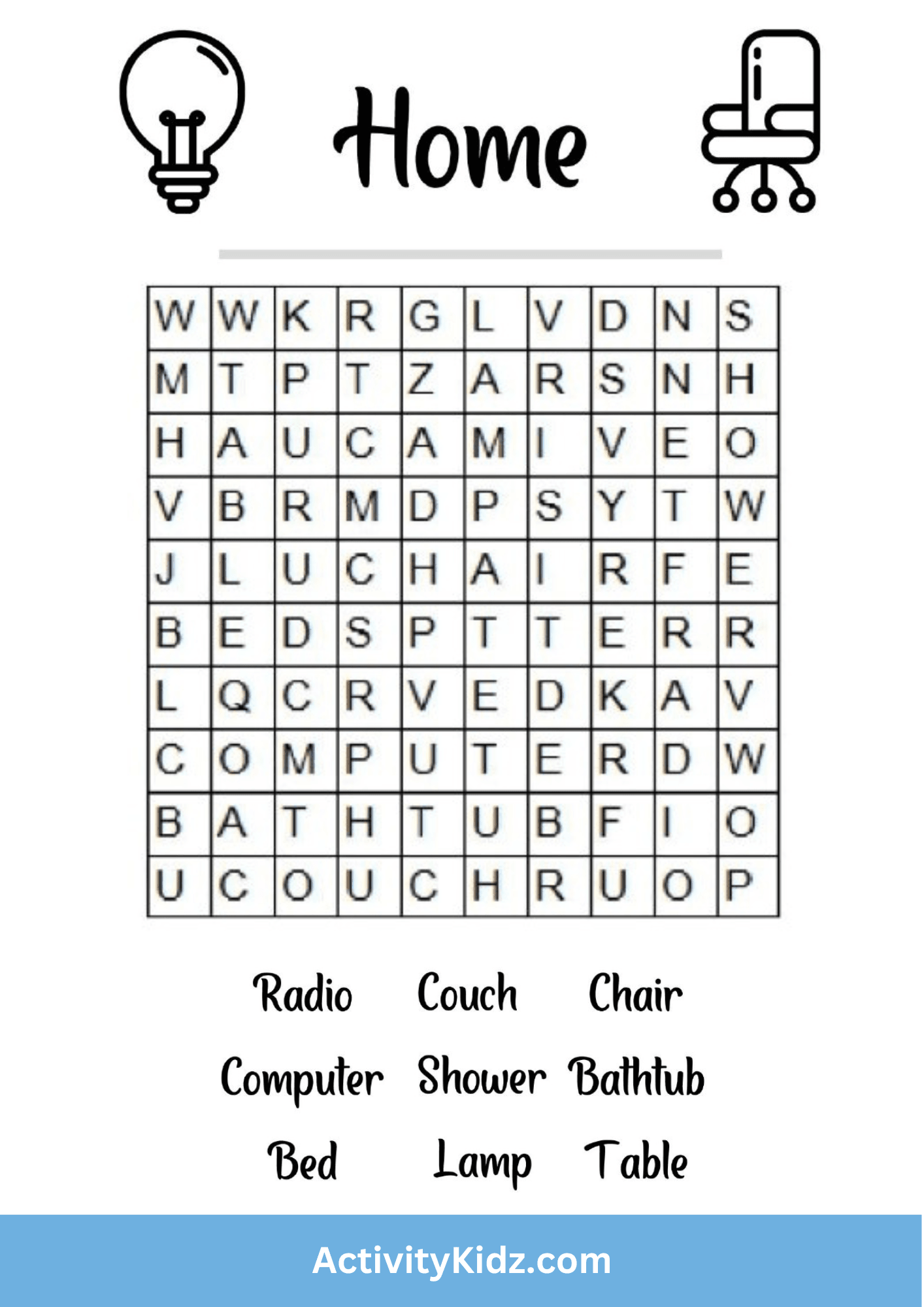 Home Objects Word Search - ActivityKidz