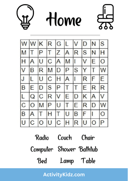 Home Objects Word Search - ActivityKidz