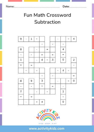 Math Crossword - Subtraction - ActivityKidz