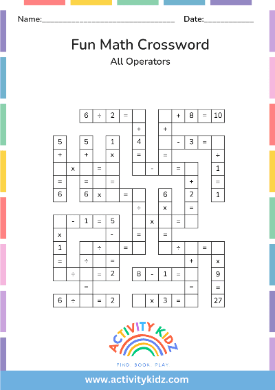 Fun Math Crossword All Operators - ActivityKidz
