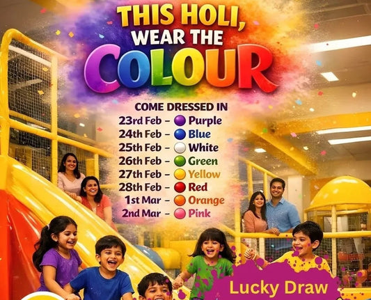 Promotional poster for a Holi celebration with children and colorful text.