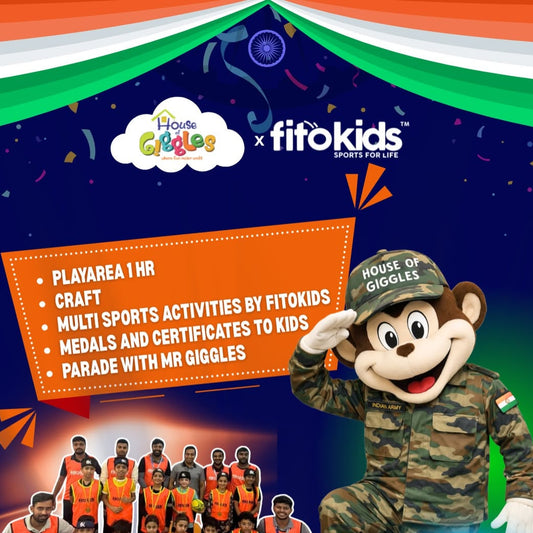 Promotional poster for a children's event featuring Fitokids and House of Giggles with a cartoon monkey character and text about activities.