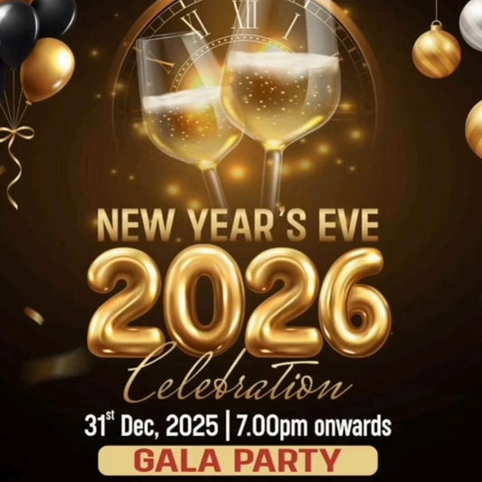 Promotional poster for New Year's Eve 2026 celebration with champagne glasses, balloons, and event details.