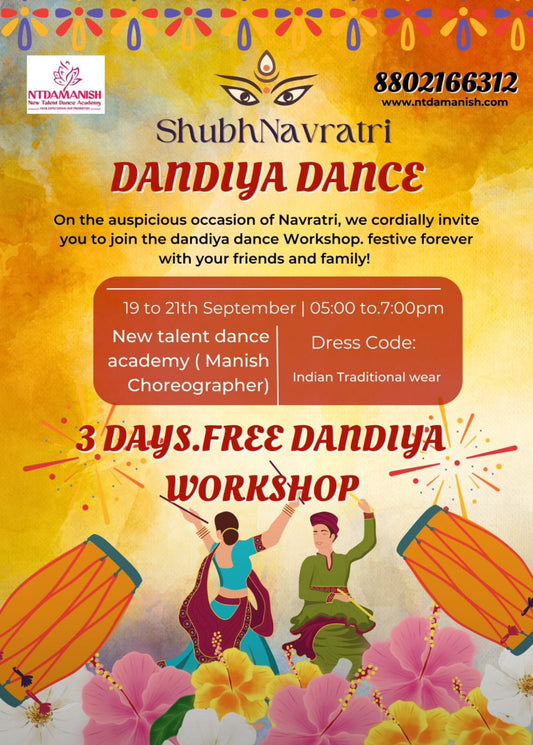 Promotional poster for Shubh Navratri Dandiya Dance Workshop with dancers and traditional elements.