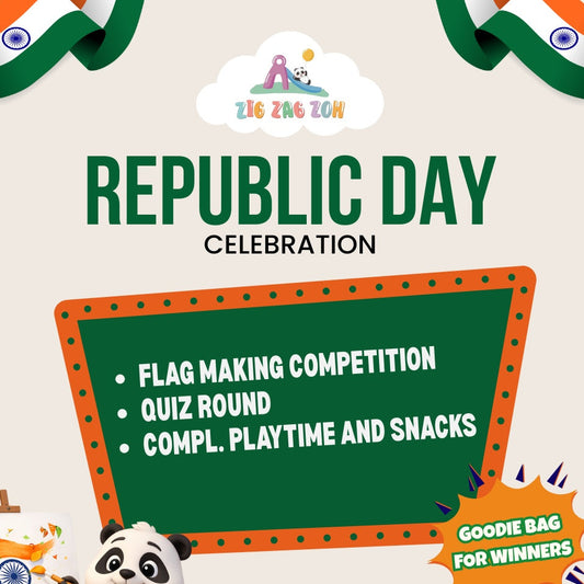 Promotional poster for a Republic Day celebration event with a panda character and Indian flag elements.