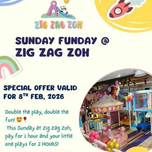 Promotional flyer for Zig Zag Zoh with colorful graphics and text about a special offer.