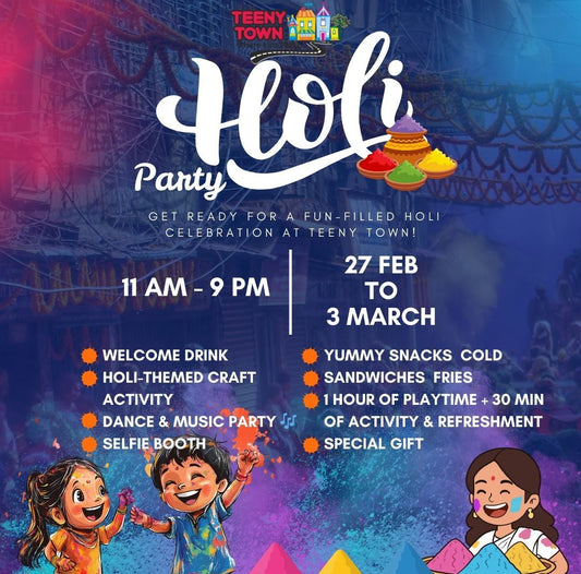 Promotional poster for a Holi party at Teeny Town with children and colorful powder.